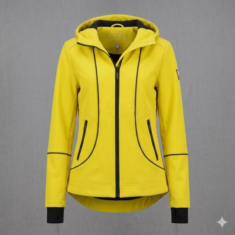 GUESS Women's Hooted Softshell Jacket Yellow Black Trim Anorak Coat Size